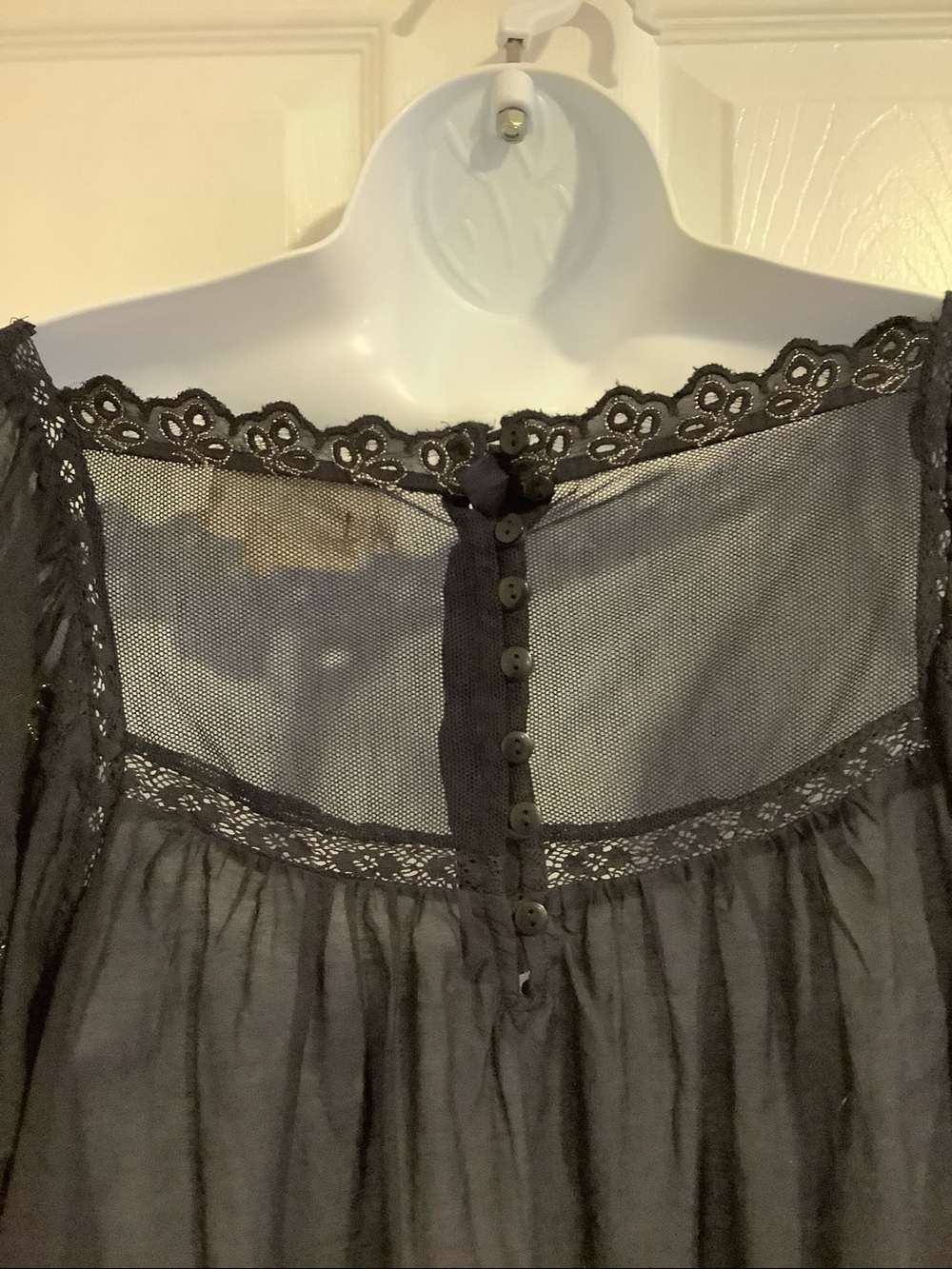 ANTHROPOLOGIE Navy Blue Boho Chic Shimmery Lace Puff Sleeves Fall Top L - Picture 7 of 11